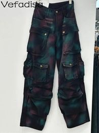 Women's Jeans Vefadisa 2024 Autumn Winter Fashion Personalized Street Tie Dyed Color Multi Pocket Unique Straight Pants ZY3122