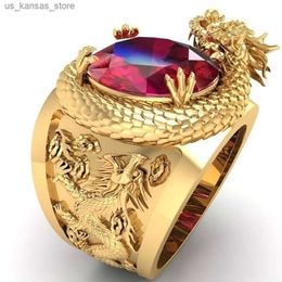 Cluster Rings Huitan Luxury Gold Dragon Pattern Mens Ring Set with Large Oval Red Stone Noble Wedding Party Finger Ring Mens Fashion Jewelry240408