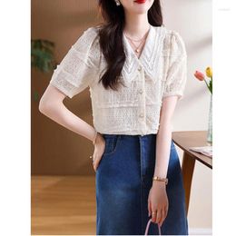 Women's Blouses 2024 Summer Fashion Slim Fit Commuting Short Sleeved Solid Colour Doll Neck Lace Jacquard Spliced Sweet Shirt Top