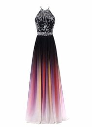 2019 Sexy Halter Neck Aline Gradient Colour Prom Dresses Beaded Sheer Neck Lace Up Pluning Back Design Women Evening Dress Waist B1983161