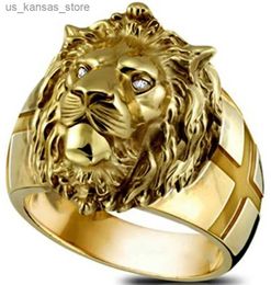 Cluster Rings New Gold Lion Head Ring Stainless Steel Cool Boys Band Party Lion Dominator Mens Gold Lion Unisex Jewellery Wholesale240408