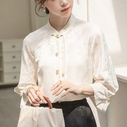 Women's Blouses 2024 Spring Women Shirts & Chinese Style Long Sleeve Vintage Clothes Stand Collar White Shirt