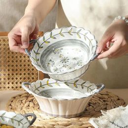 Bowls European Style Retro Relief Mandala Flower Double Ear Bowl Noodle Household Salad Ceramic Soup Basin