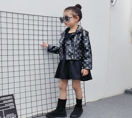 Fashion New Kids PU leather jacket outwear boys girls black printed long sleeve zipper jacket kids designer clothes A35113329612