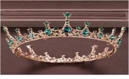 Vintage Baroque Green Crystal Round Queen Crown Wedding Tiara Bridal Diadem Gold Colour Headpiece Dress Wedding Hair Acc jllYkB9751932