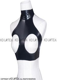 Black Sexy Latex Crop Top Tanks With Buttons At Back Rubber Bra Lingerie High Collar 00038651565