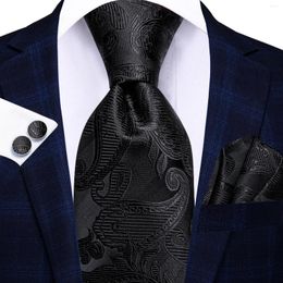 Bow Ties Hi-Tie Black Paisley Business Mens Tie 8.5cm Jacquard Necktie Accessories Daily Wear Cravat Wedding Party Hanky Cufflink Set