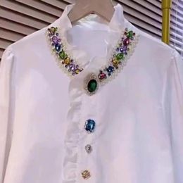 Women's Blouses White Black Cotton Mid-length Blouse Women Shirts Beading Diamonds Button Up Shirt Ruffles Collar Vintage Lantern Sleeve