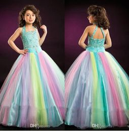 Rainbow Glitz Girls Pageant Dresses Halter Neck Crystal Sleeveless Kids Ball Gowns Floor Length Teens Prom Dress2944083