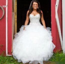 Custom made ball gown wedding dresses With sweetheart beaded lace up back ruffles organza bridal wedding gowns1653086