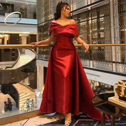 Mermaid Red Satin Formal Evening Dress Off The Shoulder Spaghetti Straps Pleats Prom Party Gowns Arabic Dubai Robe De Soiree