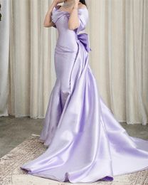 Lavender Mermaid Prom Formal Dress Boat Neck Pearls Off The Shoulder Satin Bow Train Lace-up Back Saudi Arabic Evening Party Gown robe de soiree