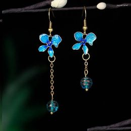 Dangle Chandelier Earrings Vintage Cloisonne Asymmetric Blue Flower Pendant For Women Fashion Enamel Blossom Drop Party Jewelry Delive Otlvf