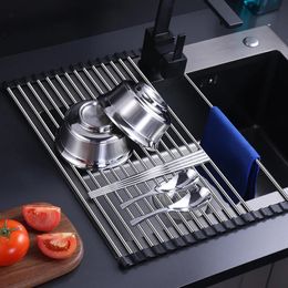 Foldable Kitchen Dish Drying Rack Stainless Steel Bowl Fruit Vegetable Dish Holder Sink Roller Organiser Basket Racks Tool 240407