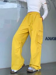 Women's Jeans 2023 Korean Y2K Fashion Yellow Drawstring Baggy Cargo Jeans Pants For Women Clothes Multi Pockets Casual Lady Elegant Trousers Y240408