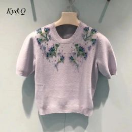 Dresses 2022 Spring and Summer New Purple Beaded Sweater Women's Shortsleeved Oneck Sequins Lavender Knitted Pullover Top Brand