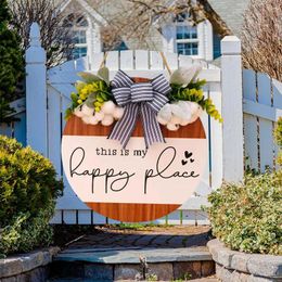 Decorative Flowers Frontdoor Welcome Wreaths 3D Bow Hanging Round Wood Sign Farmhouse Porch Spring Door Decorations Fence Home Wall Decor