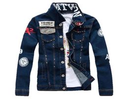 GinzoUS Men039S Slim Flag Patch Design Rivet Denim Jacket Casual Dark Blue Dirt Resistant And Easy To Wash Fashion Style67432853999622