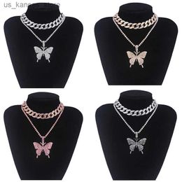 Pendant Necklaces Big Butterfly Pendant Necklace Set Iced Out Rhinestone Hip Hop Necklace For Women Bling Cuban Link Chain Choker Jewelry240408