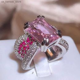 Cluster Rings 925 Silver HD Pink Diamond Ring Womens Personalized Open Pink Four Claw Jewel Ring Womens Birthday Party Gift240408