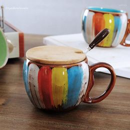 Mugs European Style Ceramic Water Cup Creative Hand Colour Coffee Milk Couple Breakfast Mug Spoon With Lid