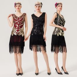 Women Designer vintage sequin dress V-neck fringe dress plus-size party skirt for women