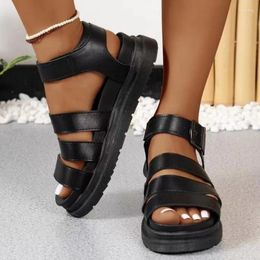 Sandals Women's Leather Roman Summer Thick-soled Fingerless Metal Buckle Stitching Fashion Shoes