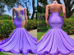 Crystal Purple Meerjungfrau Prom Kleider 2023 Halfter Rückenfreies lange Abendkleid Schwarze Mädchen Perlen Party tragen Robe de Soiree Vestidos 1861263