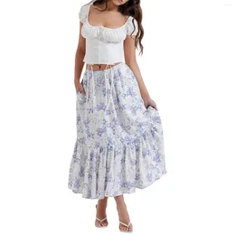 Skirts Women Fashion Casual Long Floral Print Tie-Up Elastic High Waist Ruffles Spring Summer Streetwear