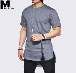 Moomphya 2020 New Zipper short sleeve men t shirt Streetwear side slit tshirt for men Longline curve hem hip hop funny tshirt12237117