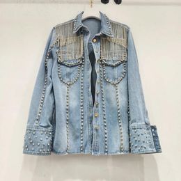 Women's Jackets Spring Women Diamonds Beaded Tassels Denim Jacket Rivets Fringed Chain Jean Coat Rhinestone Bomber Cardigan Crystal Outwear