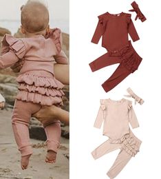 Kids Ruffle Clothing Sets Ruffle Long Sleeve Top Skirt Pants Bow Headband 3pcsset Outfits children Clothes Girl Elastic Band 3173273