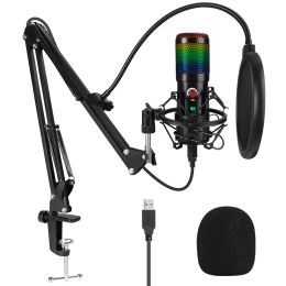 Microphones RGB USB Condenser Microphone Professional 192Khz/24Bit Studio Microphone with Boom Arm Stand for YouTube Gaming Live Streaming