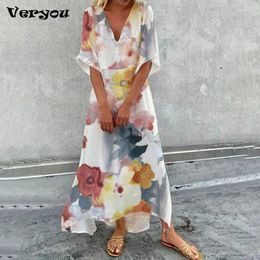 Casual Dresses Elegant V-Neck Floral Long Dress 2024 Women Summer Short Sleeve A-Line Femme Retro Loose Maxi Mujer Boho