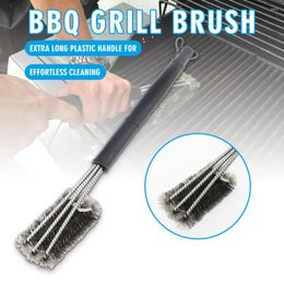 Tools 1Pc 3-head Professional 18-inch Barbecue Grill Cleaning Brush Household Essential Tool Stainless Steel Accessorie