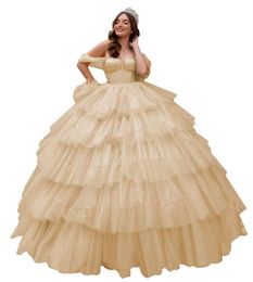 Ball Gown Princess Quinceanera Dresses Tiered Sequins Off the Shoulder Lace-up Tulle Sweetheart Sweet 16 Princess Party Birthday Vestidos De 15 Anos Q01