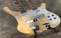 Double neck Natural wood color Electric Bass Guitar with White Pickguard Chrome Hardware Provide custom service7286386