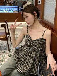 Women's Tanks 2024 Ropa Mujer Summer Women Clothing Sleeveless Sling Vest Vintage Folds Plaid Camis Loose Sweet Korean Y2k Crop Tops