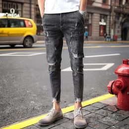 New Distressed Jeans for Men, 9-point Jeans with Distressed Hem, Korean Version Slim Fit and Small Foot Trend, Beggar Casual Pants for Men