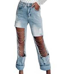 Women Jeans Sexy Ripped Distressed Destroyed Rhinestones Chain Party Clubwear Bodycon Stretchy Denim Pants Jeans