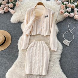 Work Dresses Women One Breasted Sweater Cardigan Set High Waist Knitted Pencil Skirt Pullover Vest Autumn Three Pieces Knitwear Suit