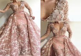 Plus Size Pink V Neck Lace Mermaid Evening Dresses Long Sleeves Applique Prom Gowns With Detachable Train Formal Dresses Evening W6788470