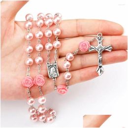 Pendant Necklaces 8Mm Catholic Rosary Beads Necklace Christian Praying Glass Chain Cross For Women Mother Jewellery Drop Delivery Pendan Oti78
