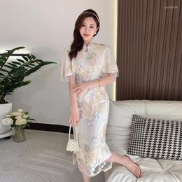 Work Dresses High Quality Flower Embroidery 2 Piece Sets For Women's Stand Collar Tassel Decor Cape Top Slim Sling Midi Dress Suits Lady