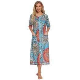 Brushes Loose Long Muslin Robe for Women Turkish Printed Casual Short Sleeve Women's Cotton Home Robe with Zipper Morning Dressing Gown