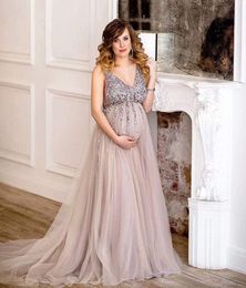 Luxury Maternity Po Shoot Dresses Empire Waist V Neck Pregnant Women Formal Evening Celebrity Dresses Tulle Crystal Beaded Prom2690172