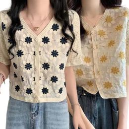 Women's T Shirts Women Knitted Shrug Short Sleeve Crop Top Knit Blouse Cardigan Button Up Tops