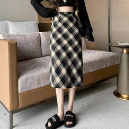 Skirts Autumn Winter Vintage Plaid Wool Straight Skirt Woman 2024 High Waist Casual Slim Sexy Split Midi Female