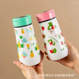 Mugs Creative Fruit Pattern Sealed Lid Ceramic Cup Internet Famous Mug Girl Heart Portable High Aesthetic Drinking