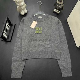 Designer women's sweater early spring new college style round neck letter inlaid diamond Grey slim fit pullover short knit sweater long sleeved sweater